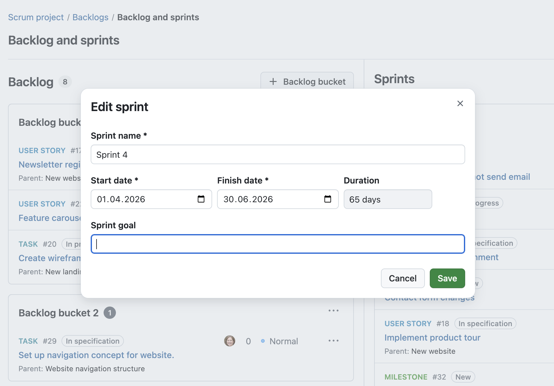 Edit sprint view with field to manually enter a sprint goal