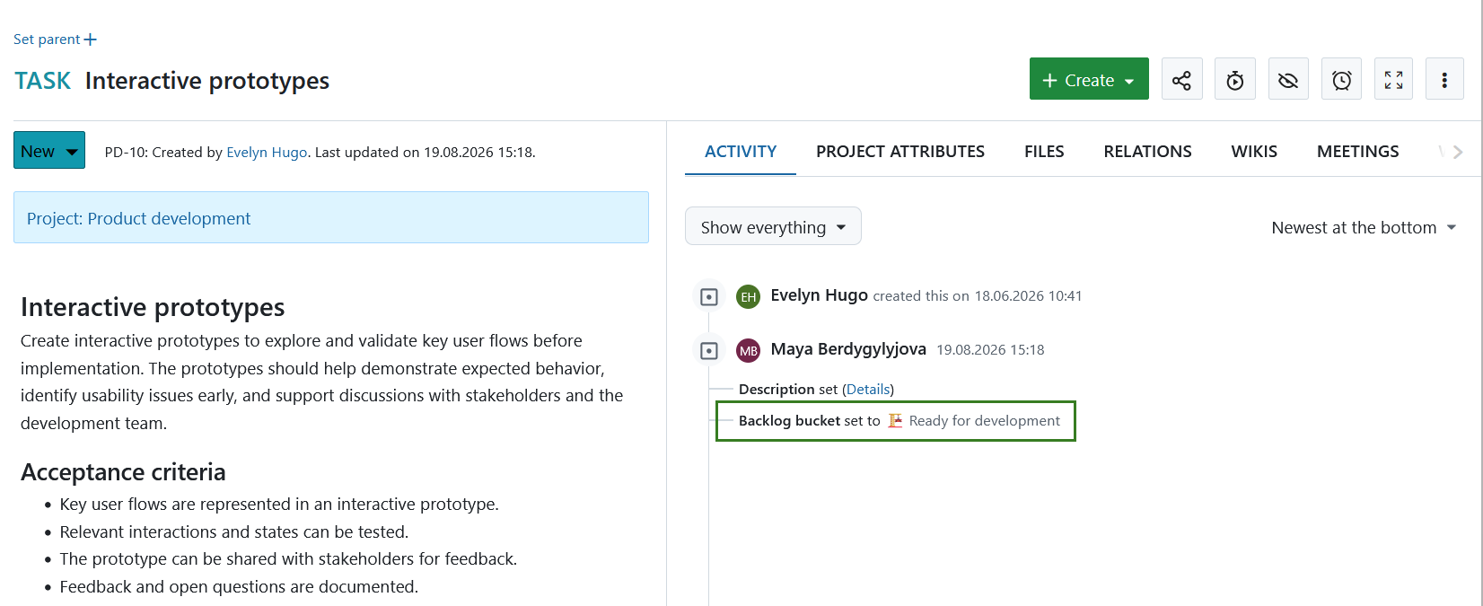 Changes to a backlog bucket shown under activity tab of a work package in OpenProject