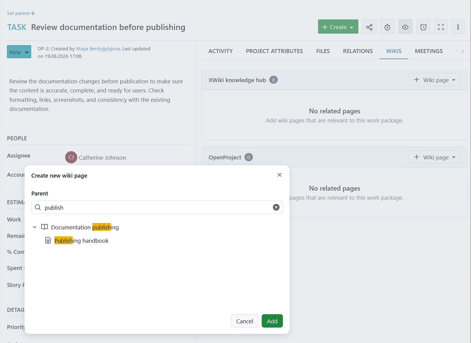 Adding a wiki as the parent when creating a new wiki page in OpenProject