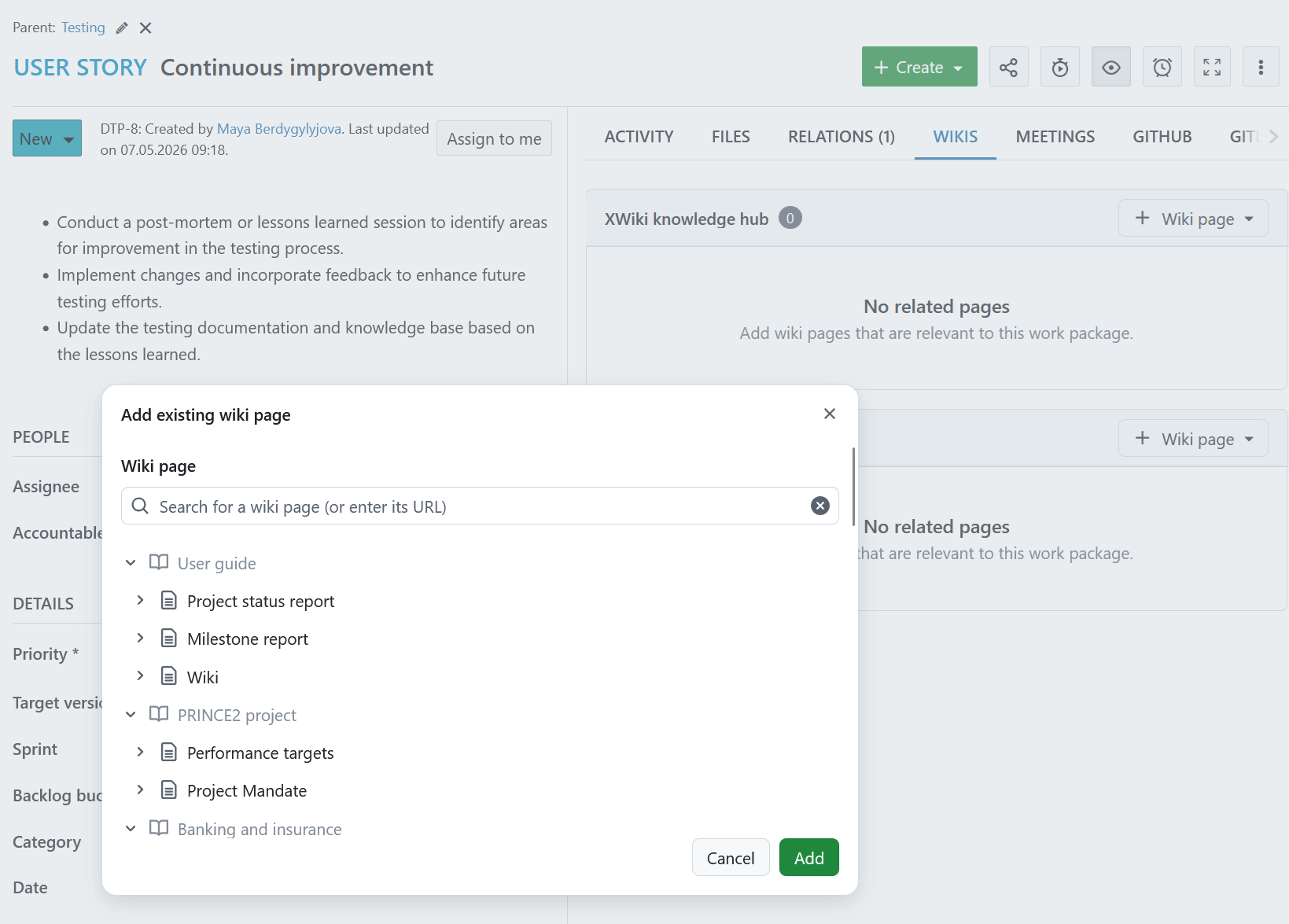 Browsing the XWiki hierarchy in an OpenProject page selection dialog