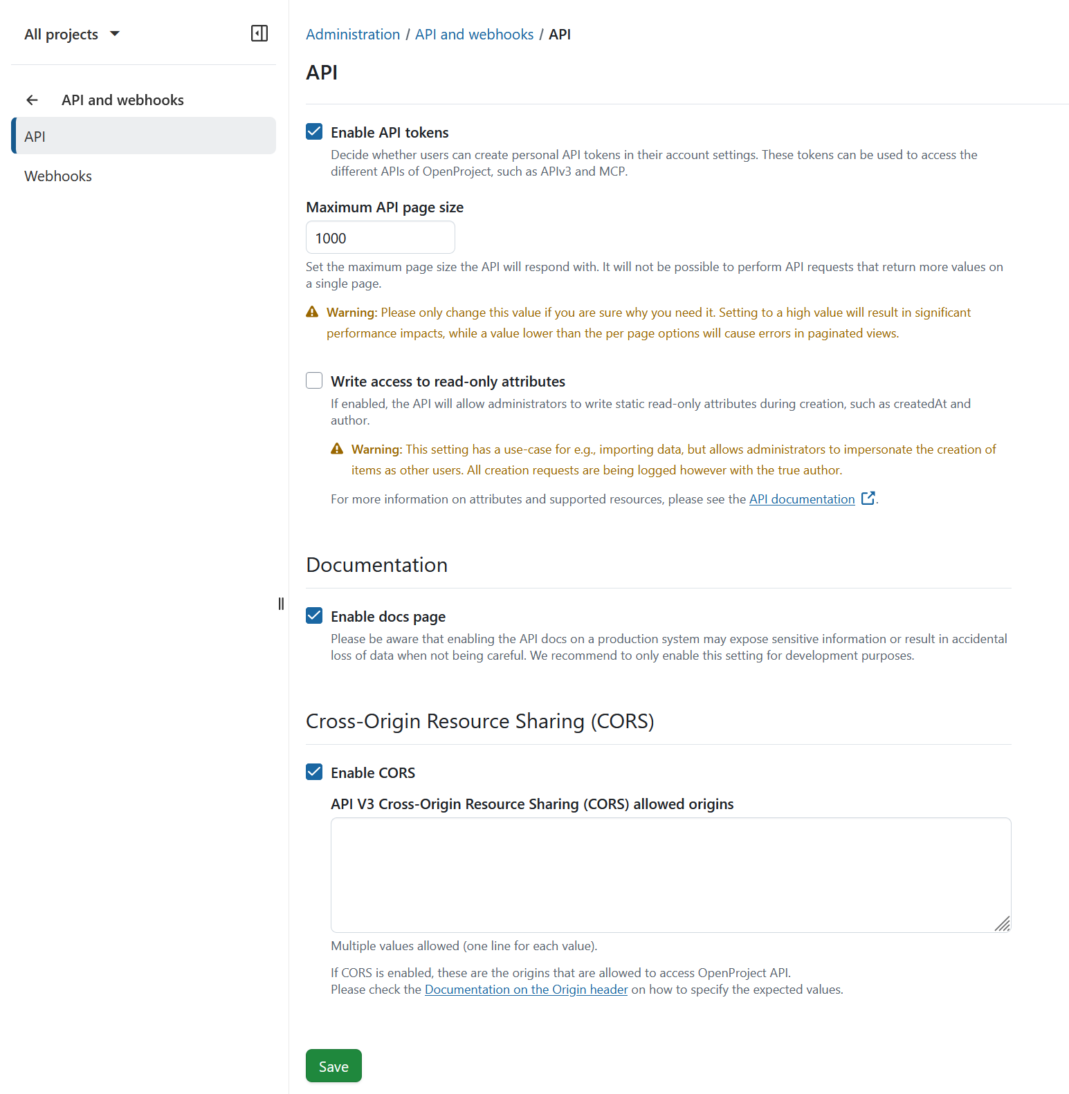 API settings in OpenProject administration