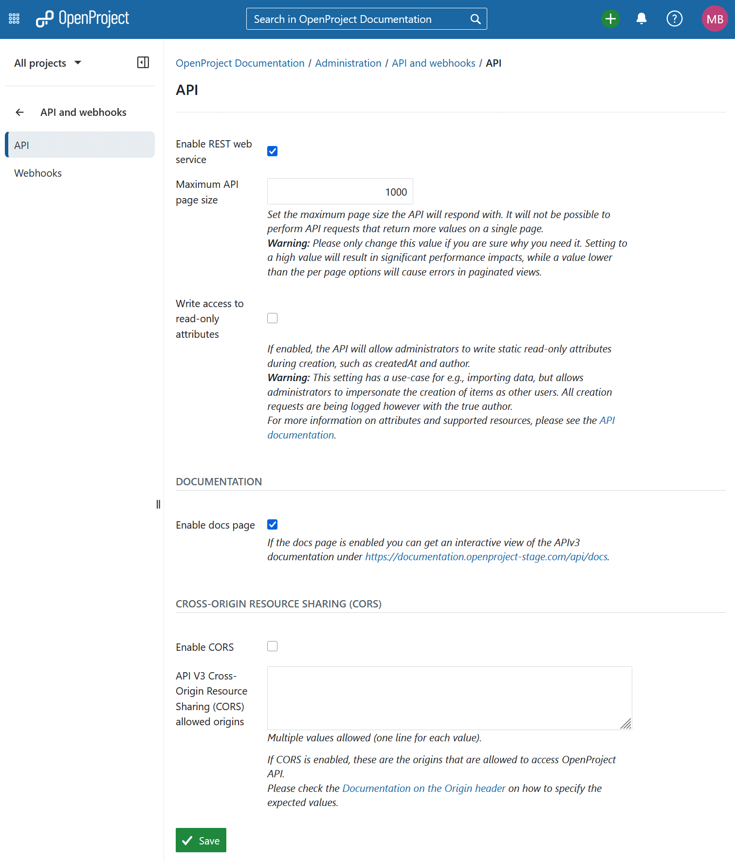 API settings in OpenProject administration