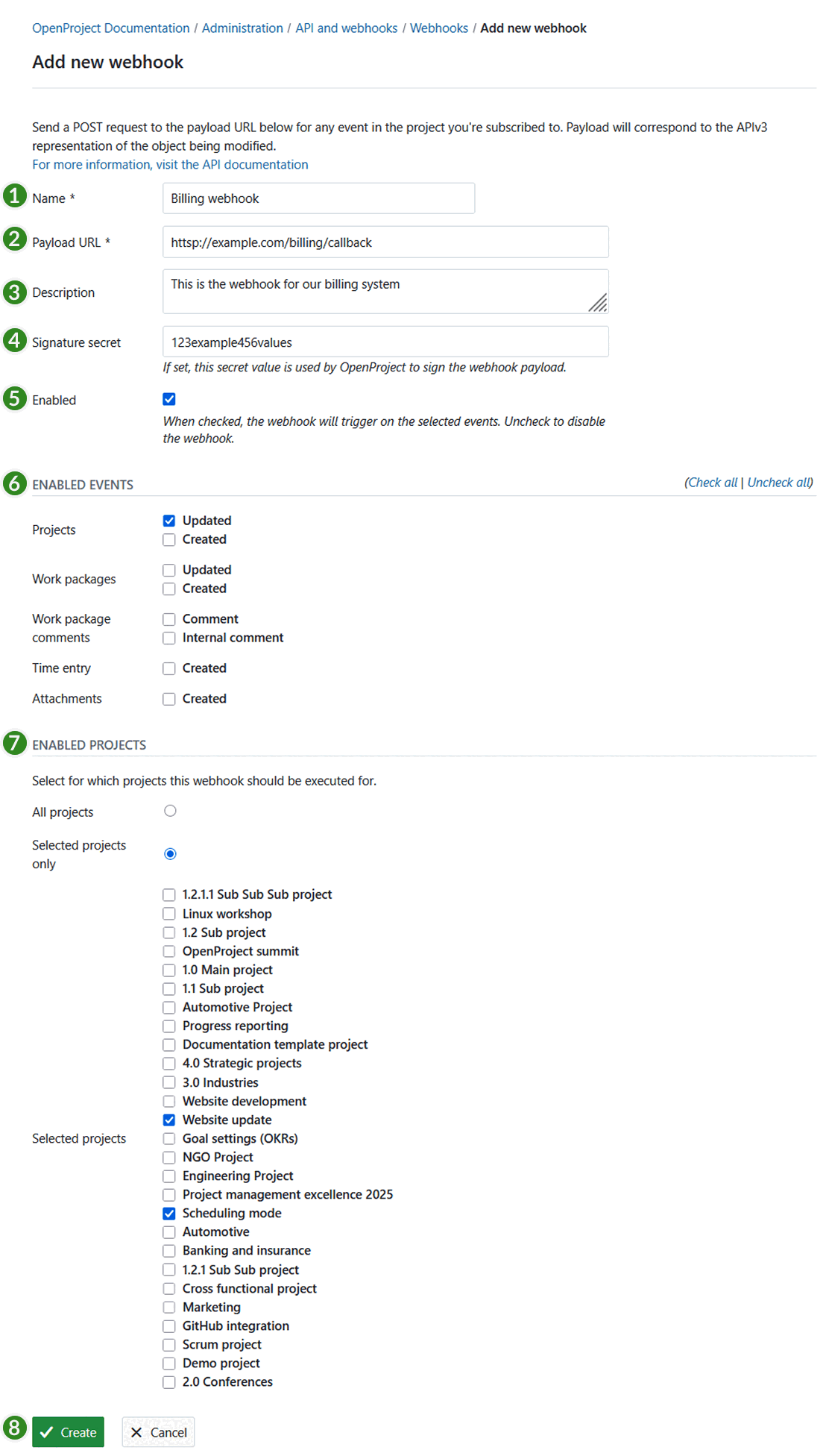 Add a new webhook in OpenProject administration
