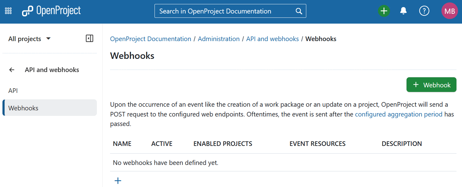Webhooks in OpenProject administration