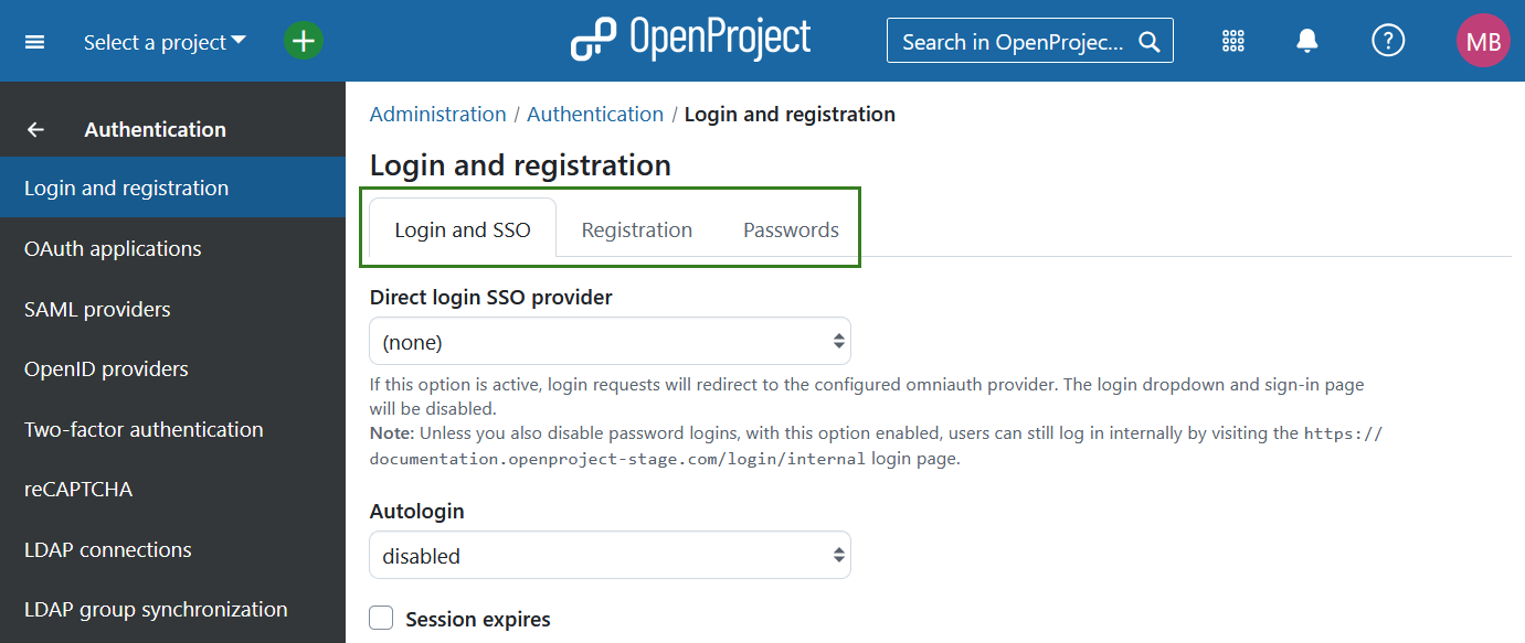 Login and registration settings in OpenProject administration