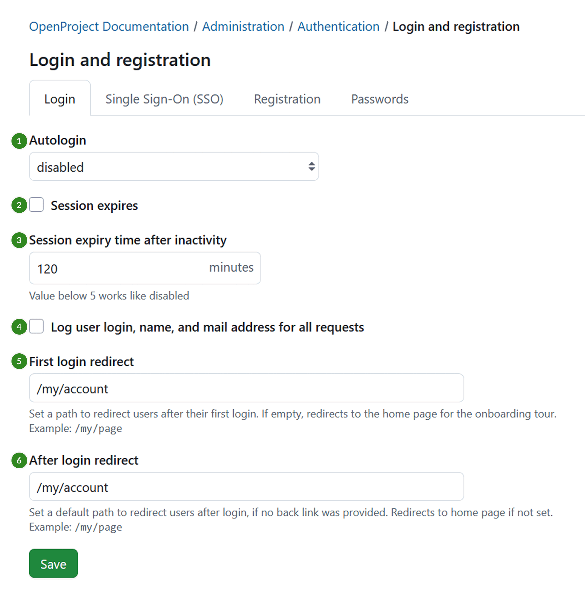 Login tab under login and registration settings in OpenProject system administration