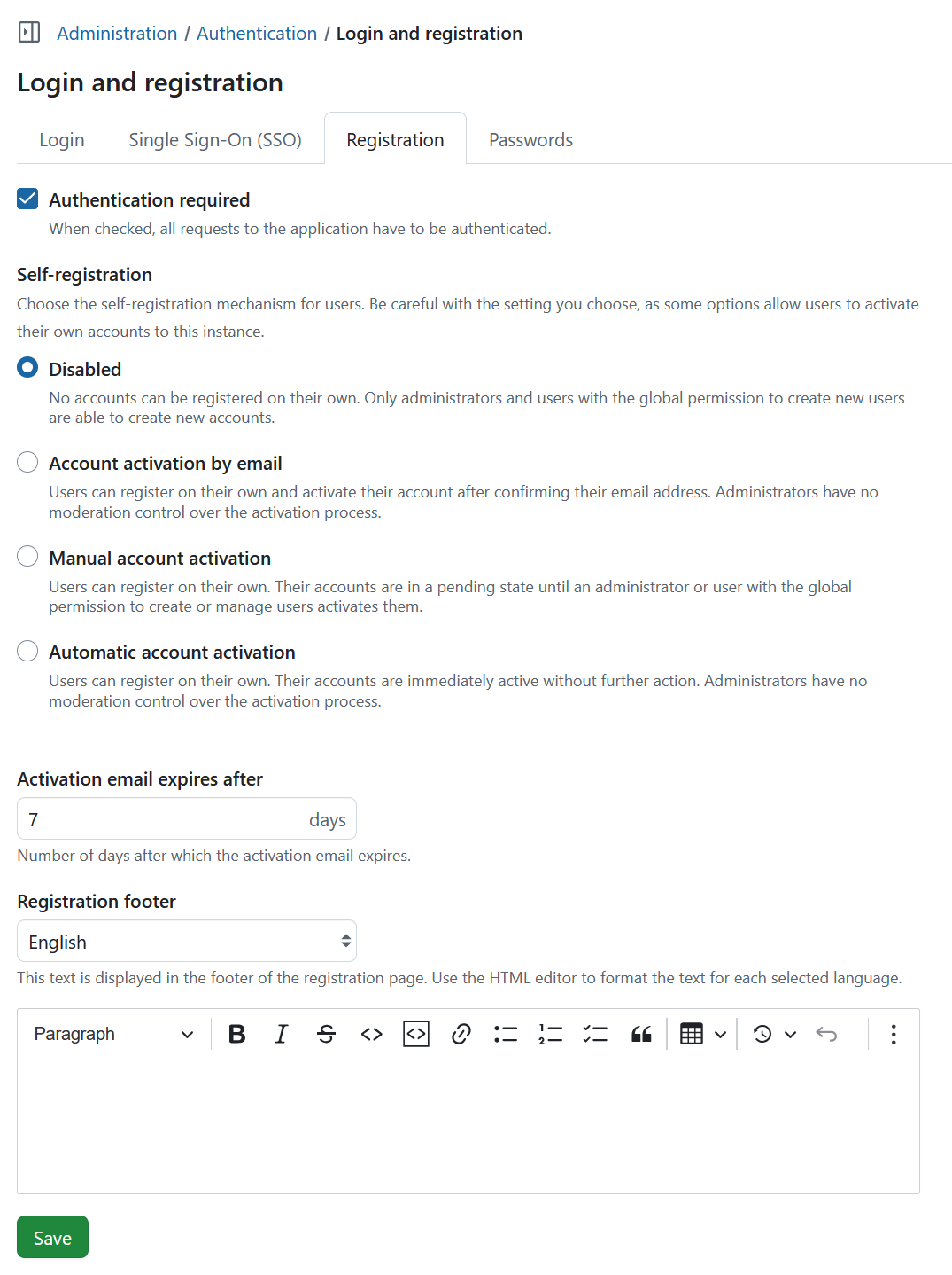 Registration tab under Login and Registration section of authentication settings in OpenProject administration