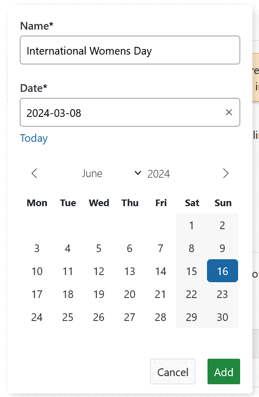 Add non-working day modal