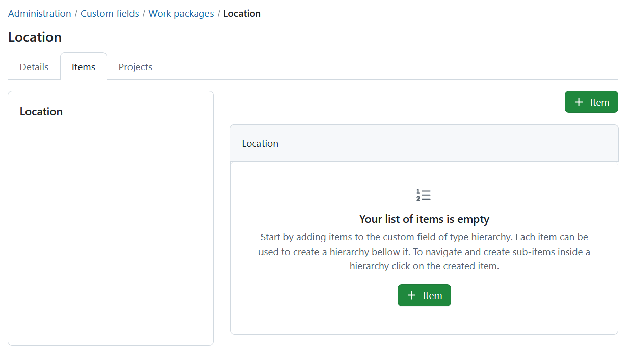 Items tab for a hierarchy custom field in OpenProject administration