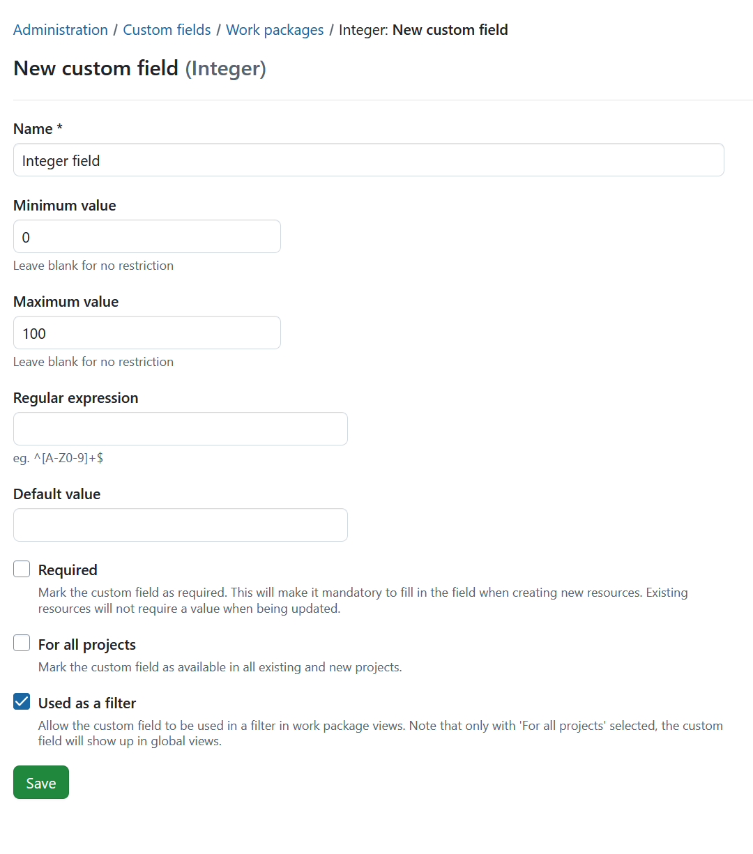 Create an Integer custom field with minimum and maximum values in OpenProject administration
