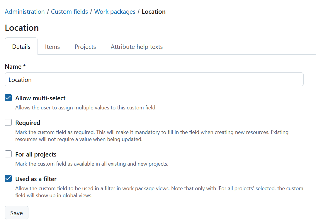 Detailed view of a custom field in OpenProject administration