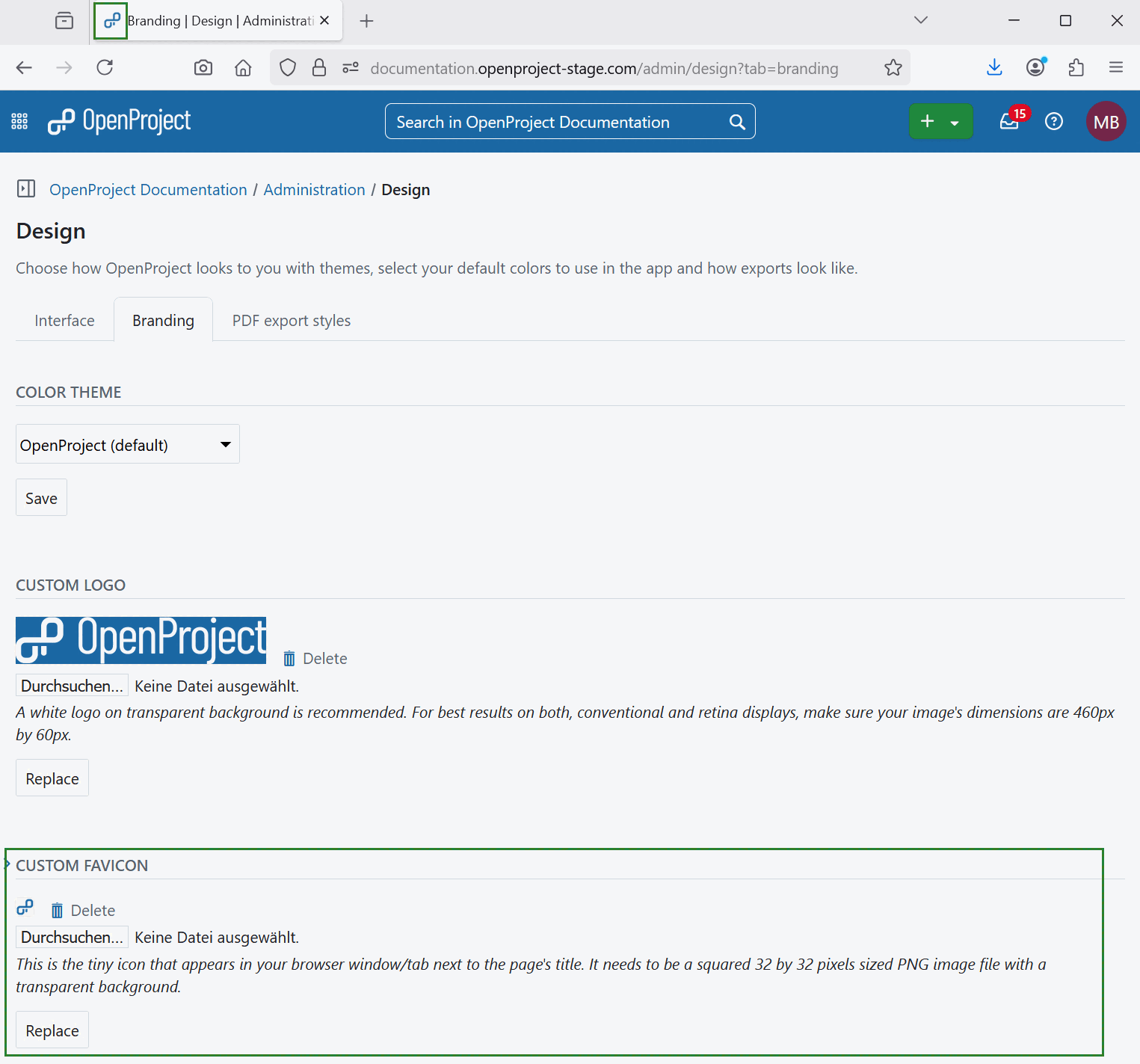 Custom favicon in OpenProject design settings