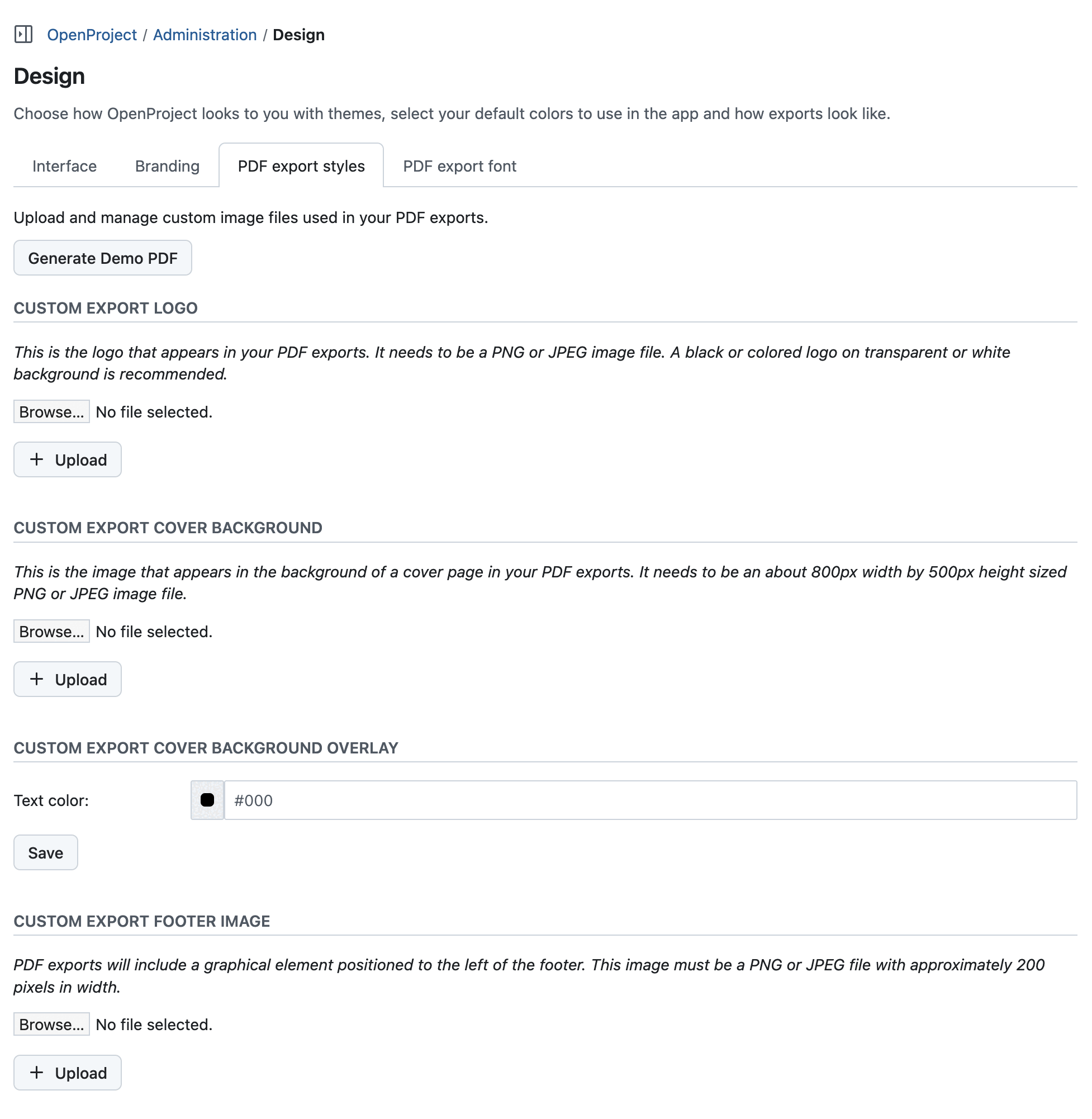 PDF export styles settings in OpenProject administration