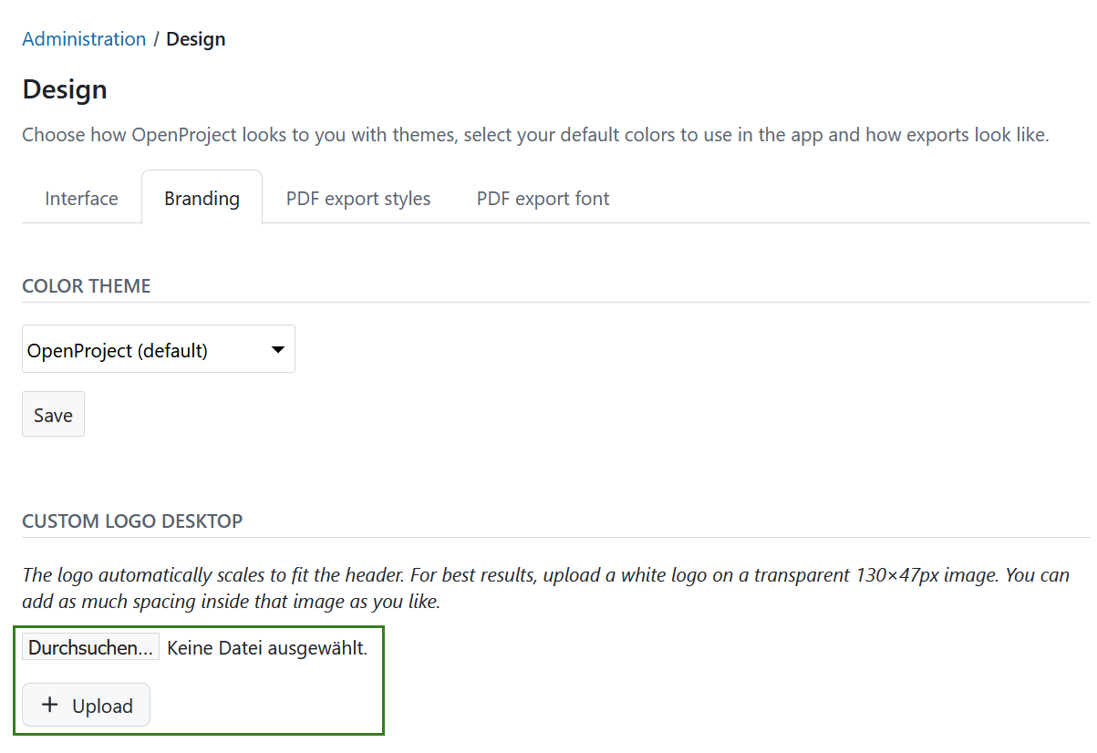 Upload custom logo in OpenProject administration settings
