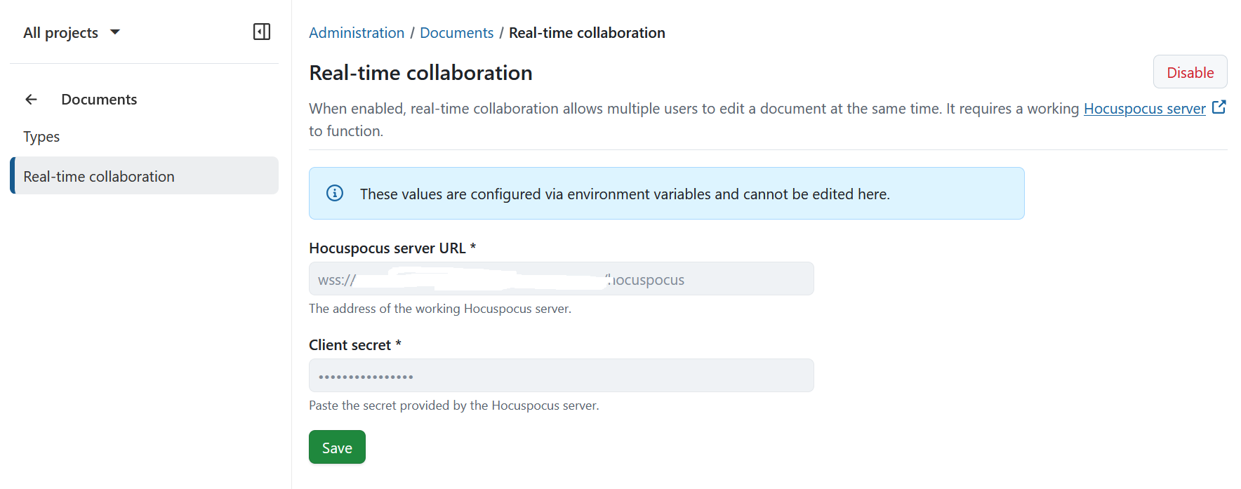 Administration settings for real-time documents collaboration in OpenProject