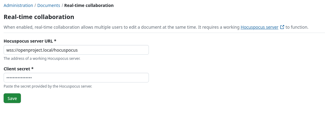 Administration settings for real-time documents collaboration in OpenProject
