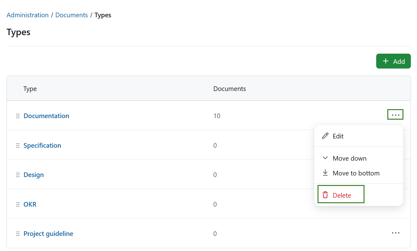 Delete a document type in OpenProject administration