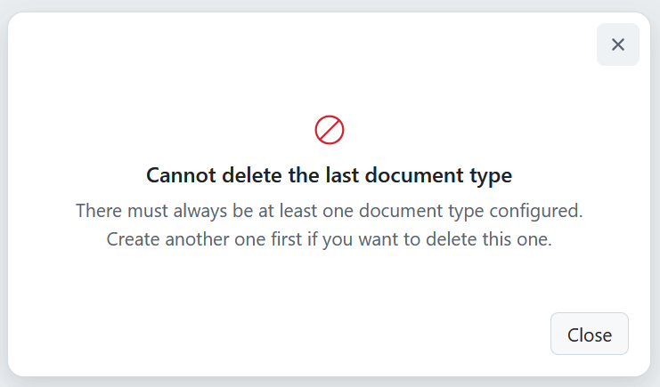 A warning message that deleting the last existing document type is not permitted in OpenProject