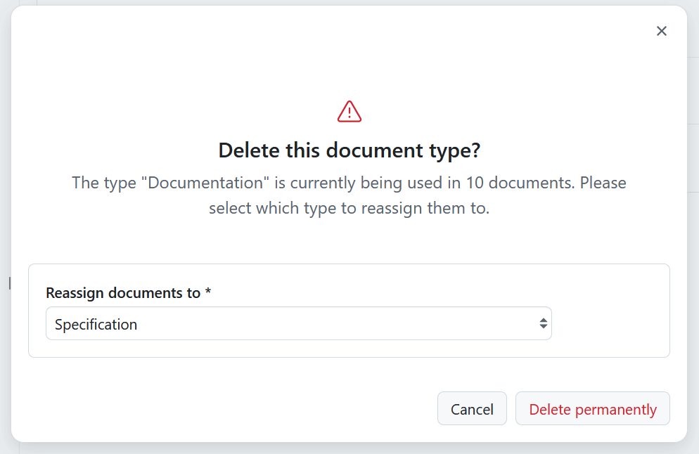 A warning message when deleting a used document type in OpenProject, asking to reassing documents to a different type