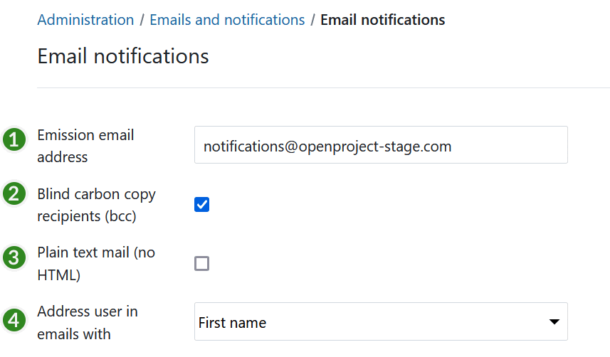 Setting email notifications in OpenProject administration
