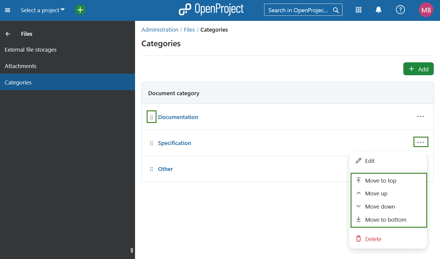 Document categories overview in OpenProject administration