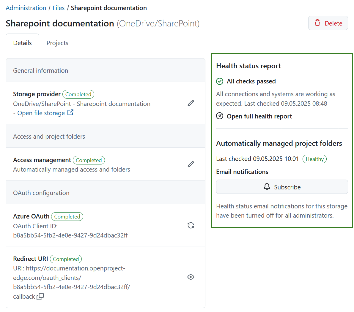 Health check for automatically managed folders in file storage integrations in OpenProject