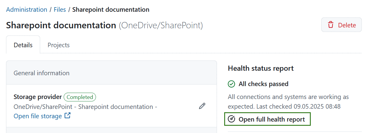 Link to open full health report for a file storage in OpenProject administration