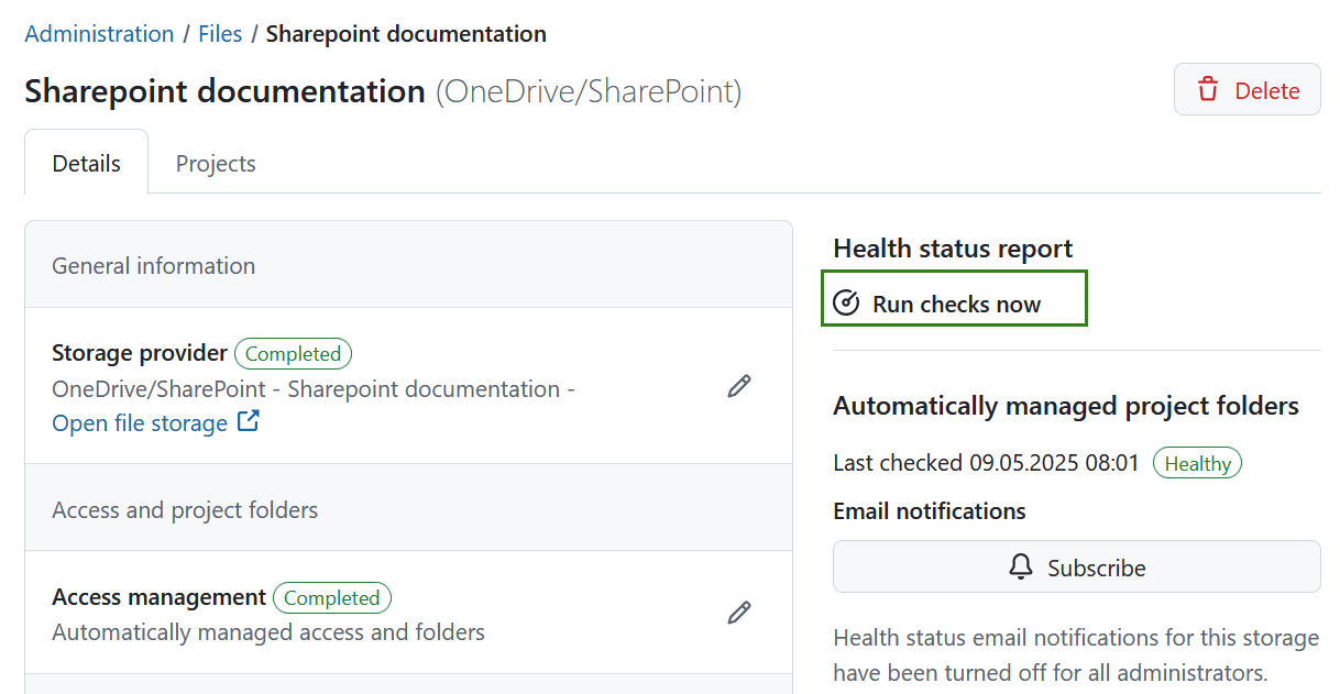 Check connection for a file storage in OpenProject administration