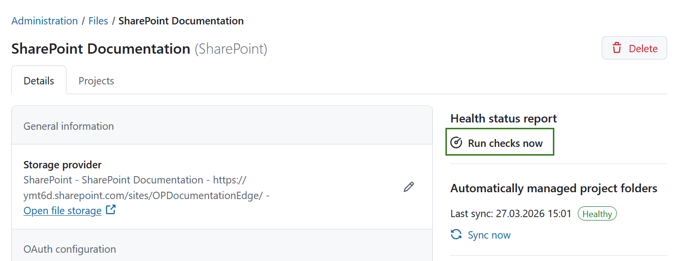 Check connection for a file storage in OpenProject administration