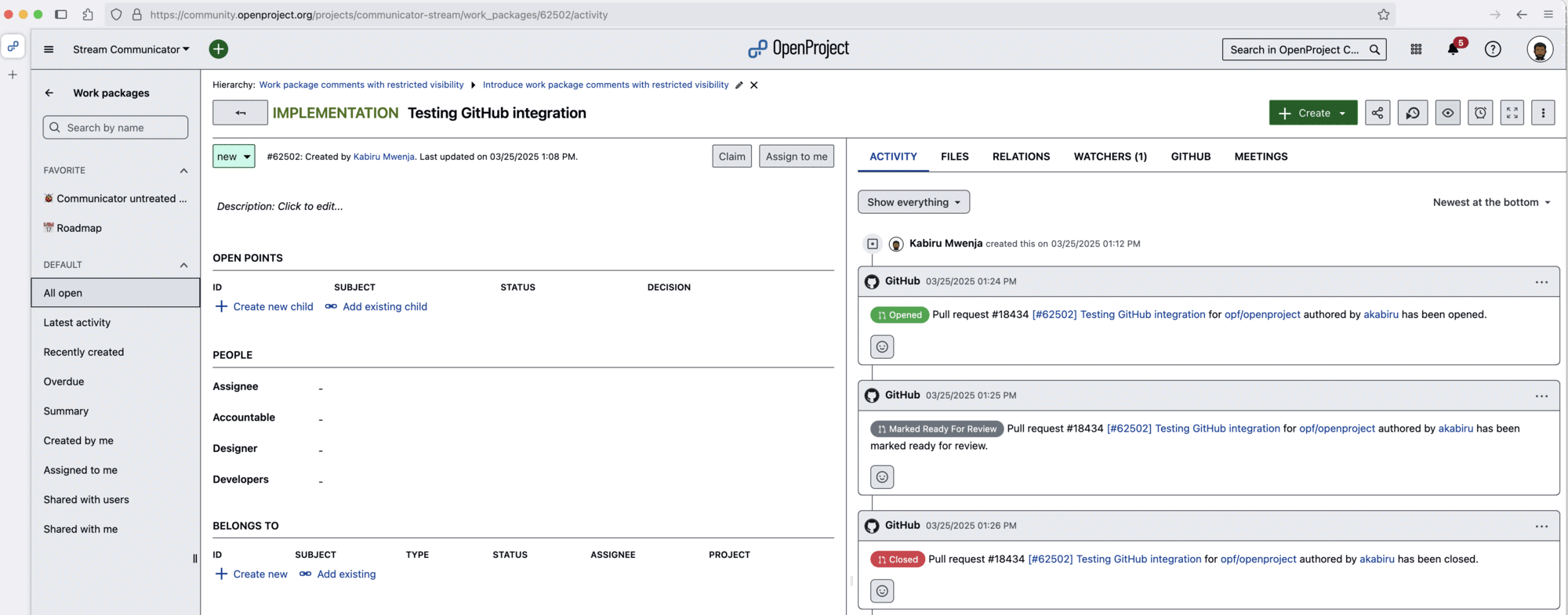 Pull request changes displayed in an OpenProject work package