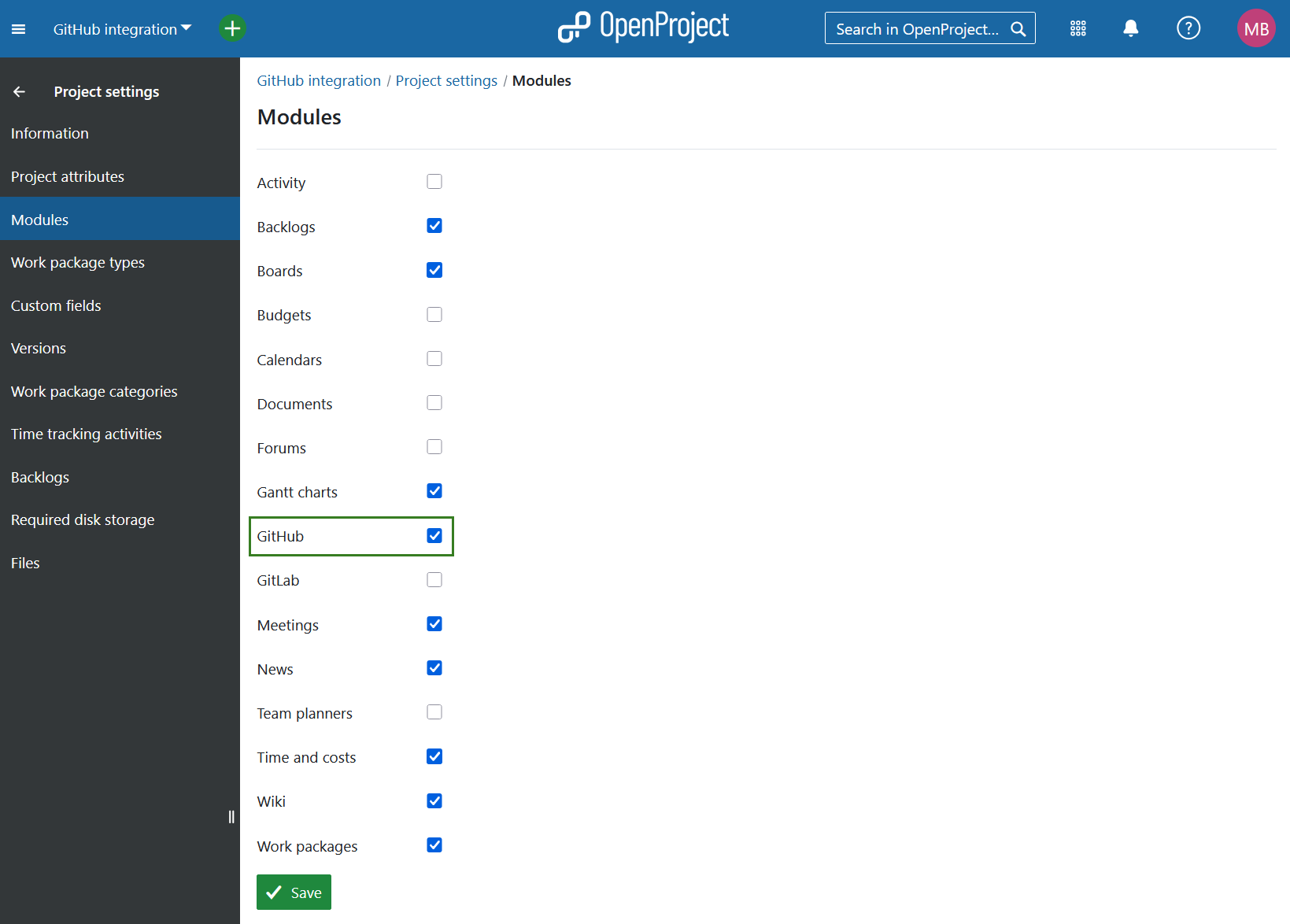 GitHub module is activated under Project settings -&gt; Modules in OpenProject project