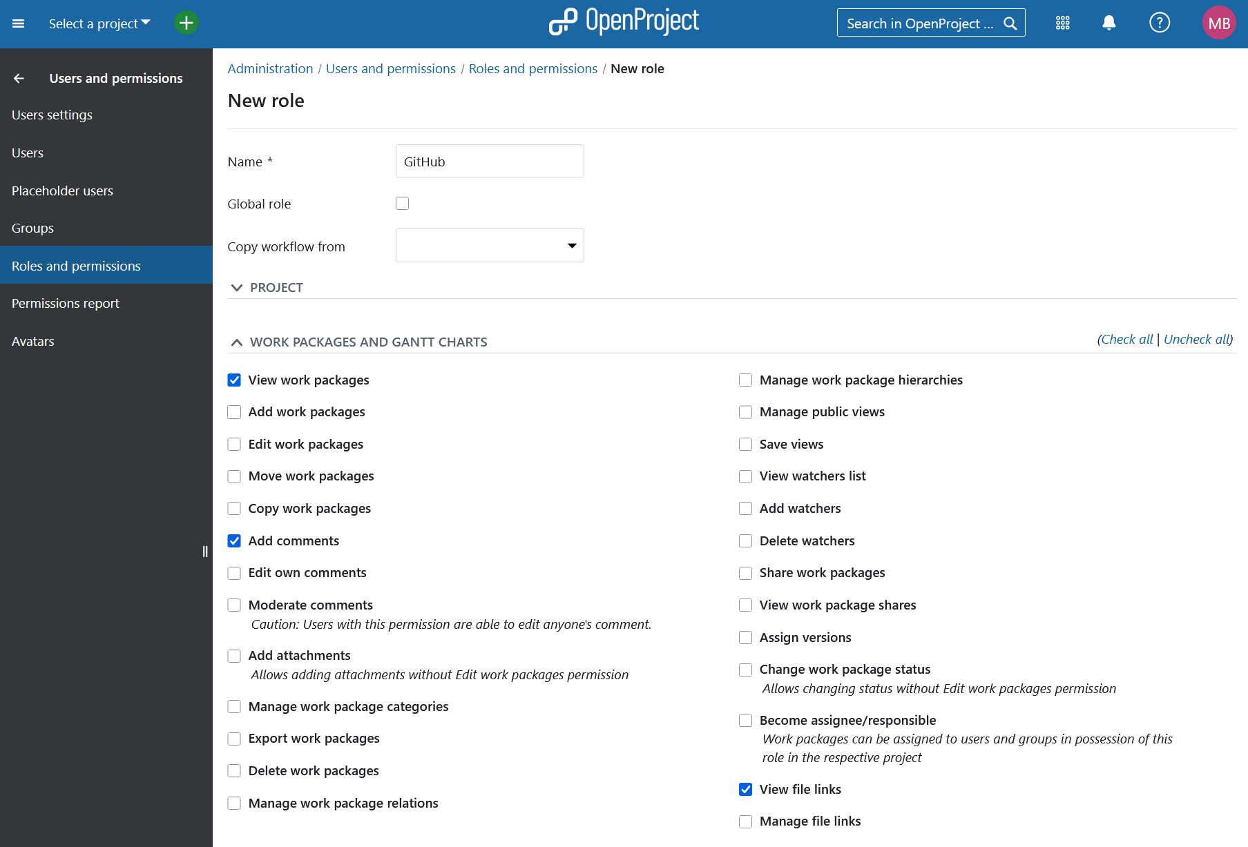 GitHub role with necessary permissions in OpenProject administration
