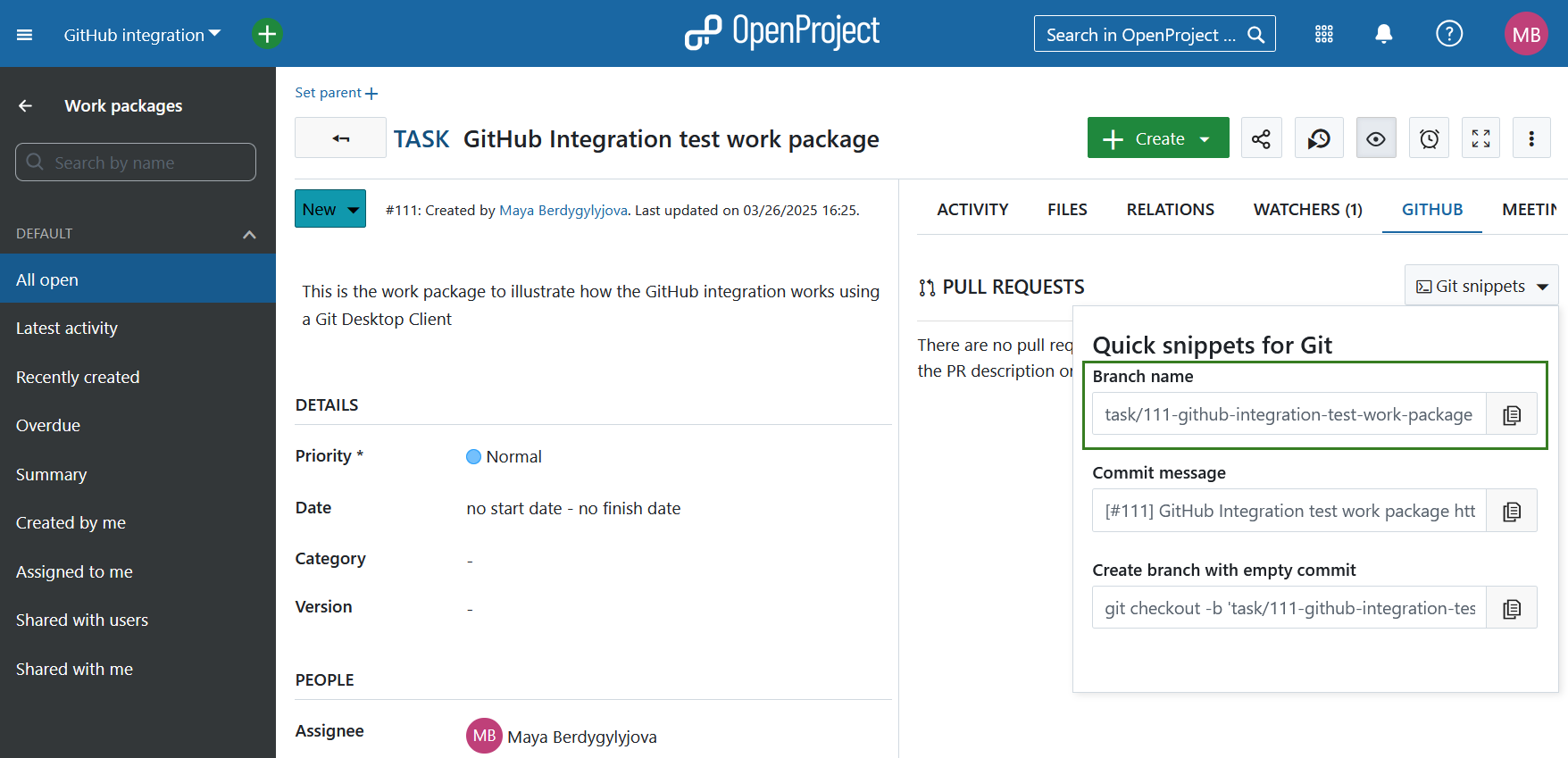 Copy branch name Git snippet from OpenProject Github tab Git snippets menu