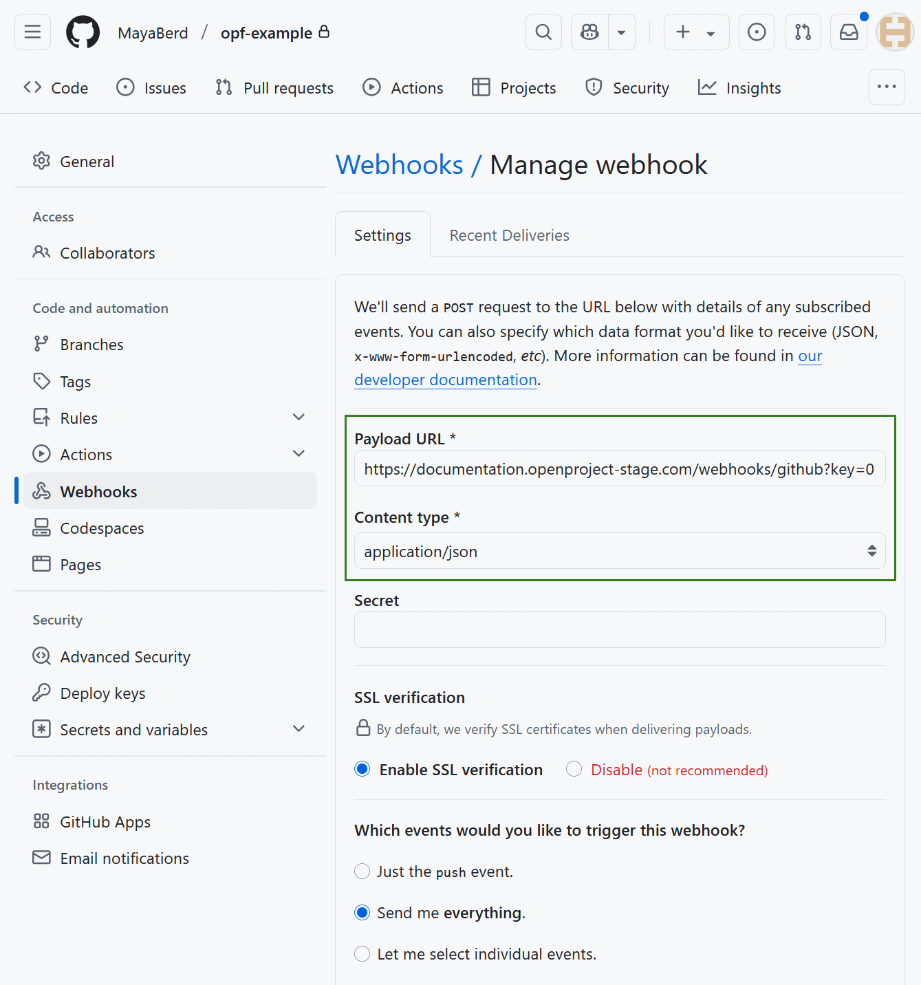 Create the webhook in GitHub