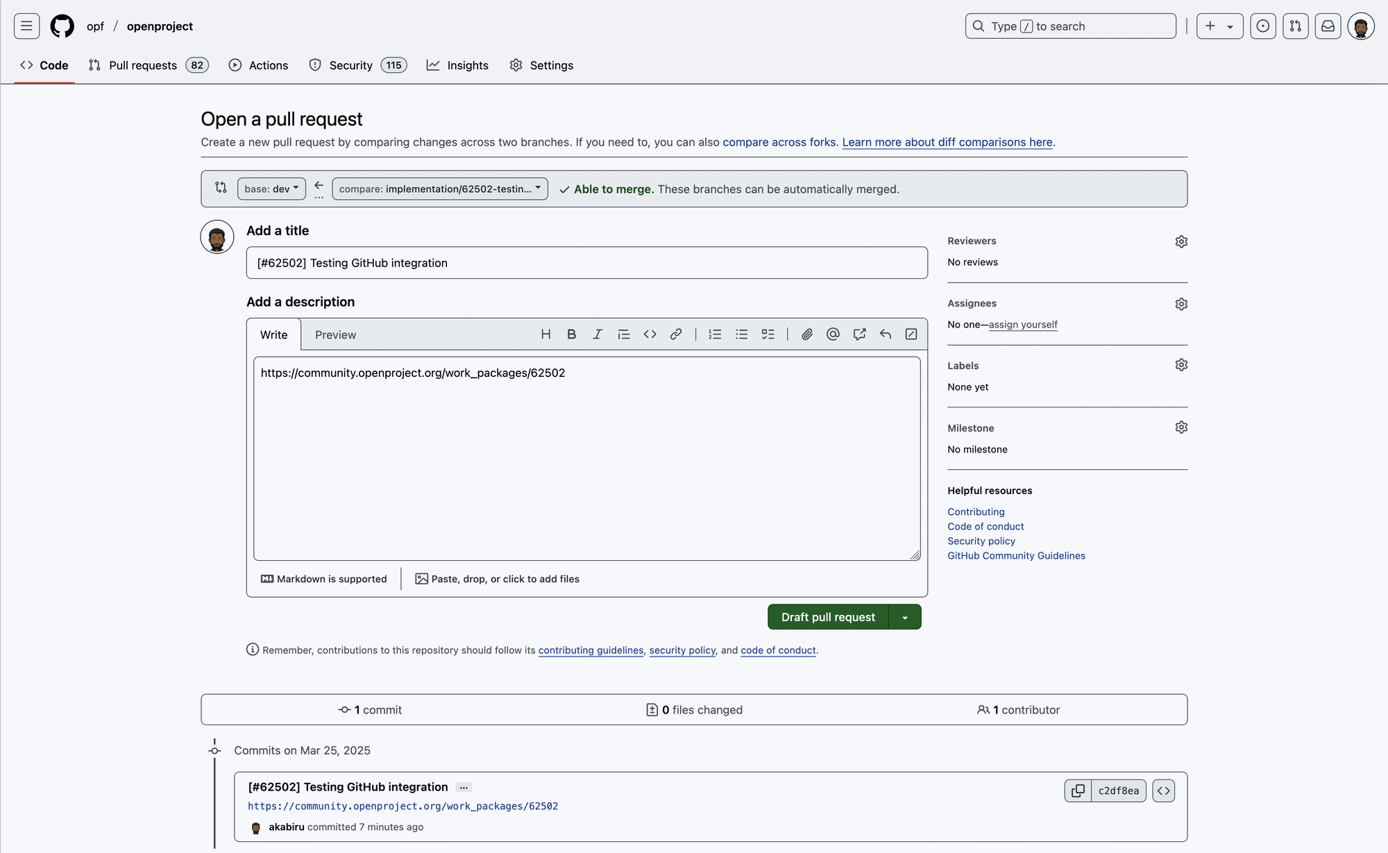 New GitHub pull request created by git snippet entered into CLI