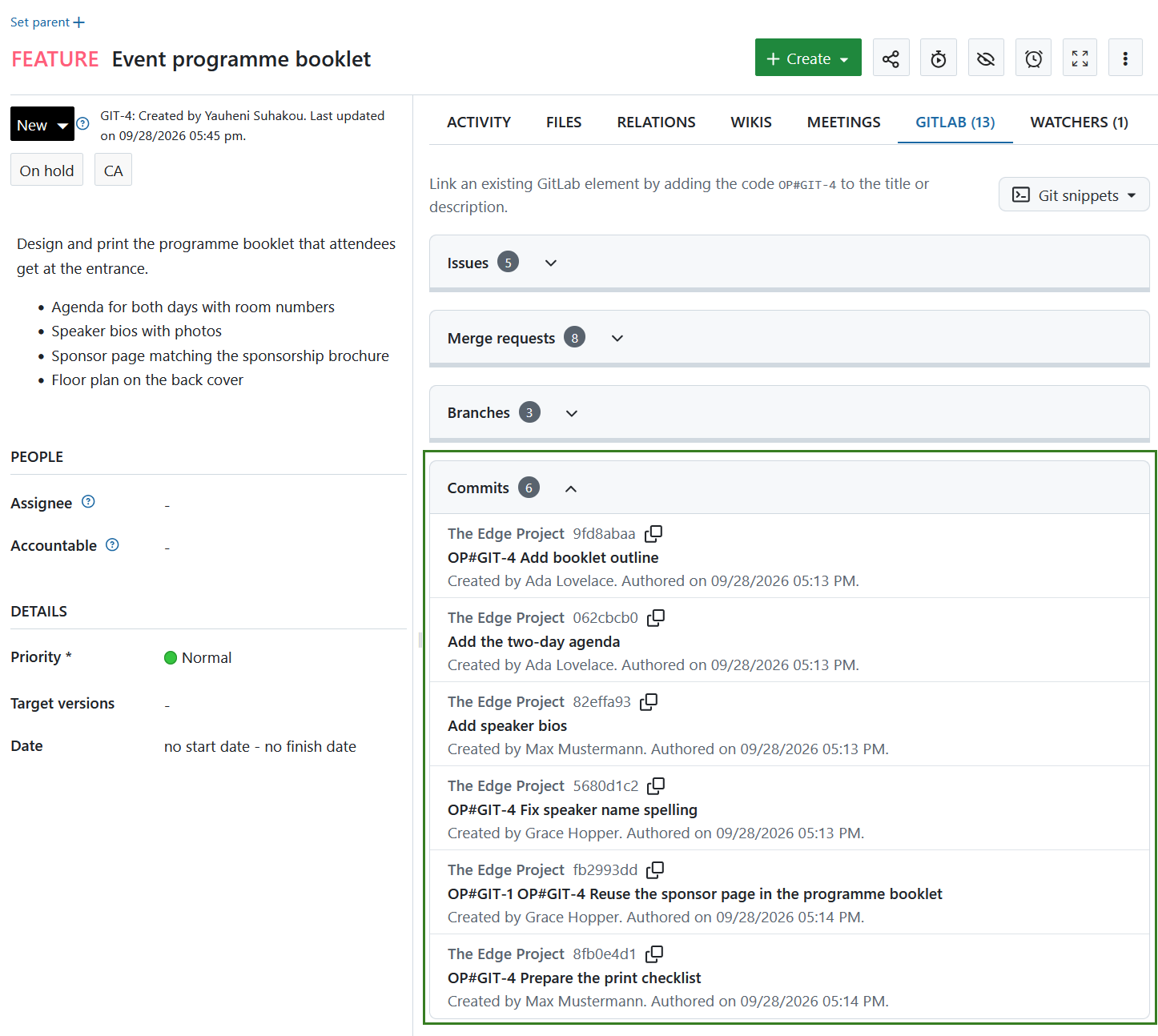 Linked GitLab commits shown under GitLab tab in an OpenProject work package