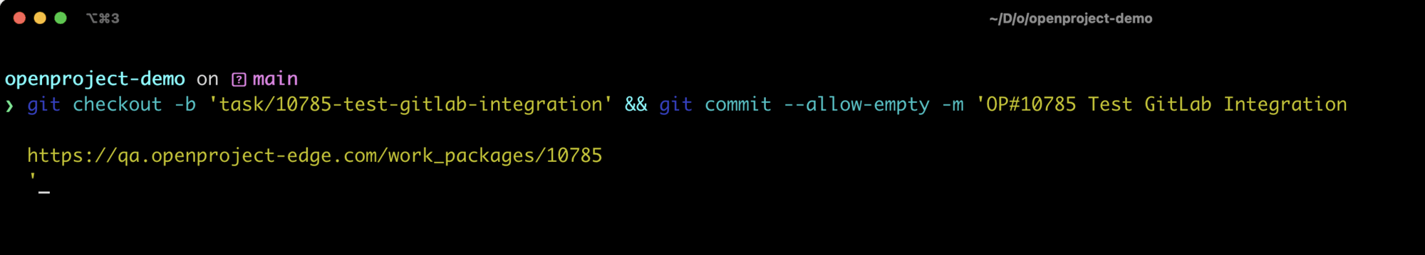 Git snippet to create a new branch in GitLab entered into command line interface