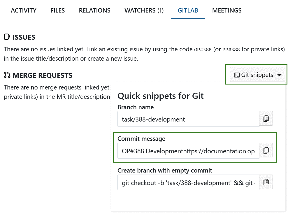 Copy a Git commit message in OpenProject
