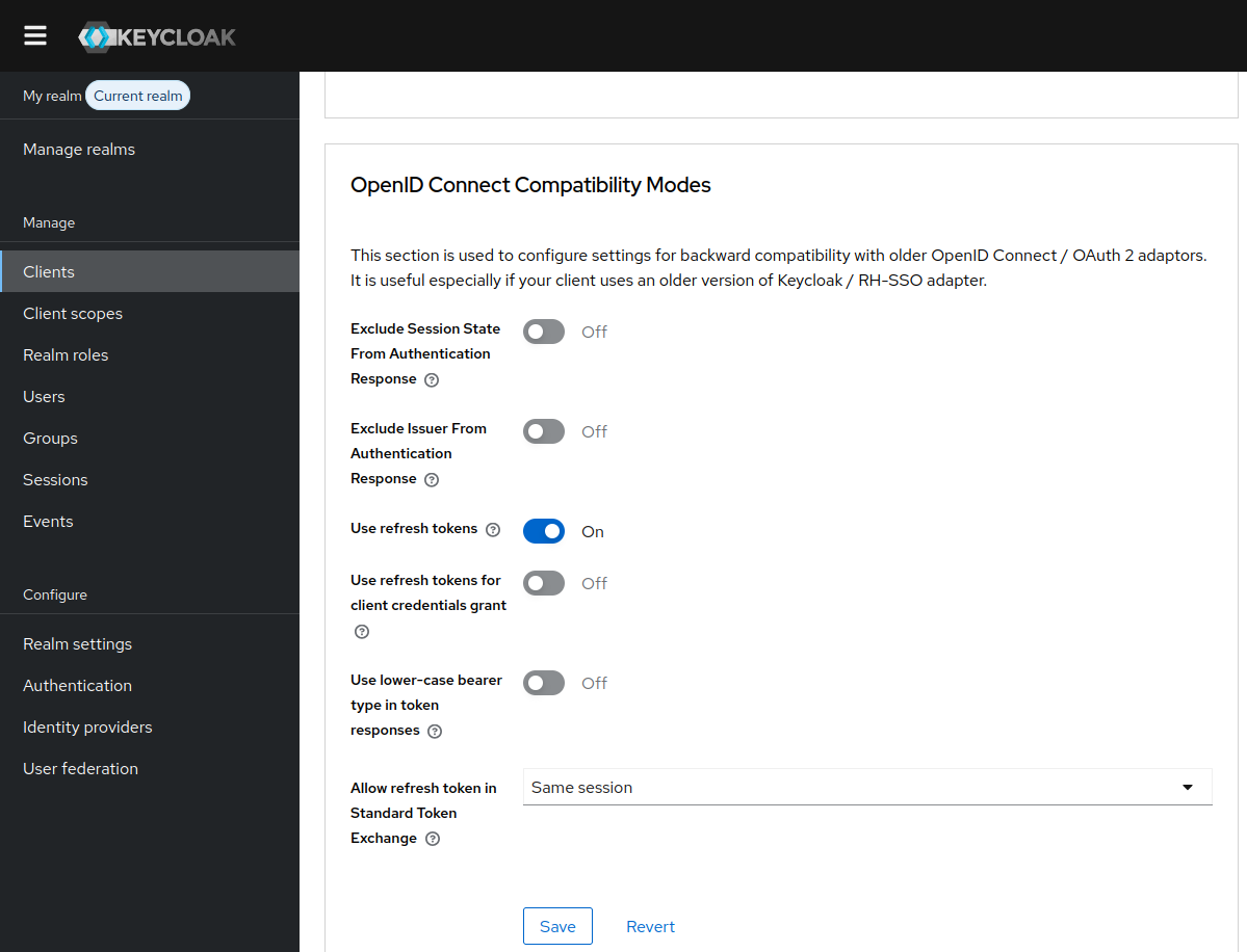“Allow refresh token in Standard Token Exchange” is set to “Same session”