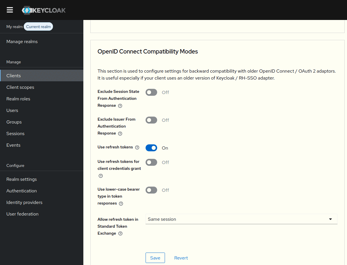 “Allow refresh token in Standard Token Exchange” is set to “Same session”
