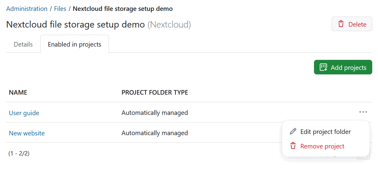 Remove Nextcloud file storage from a project in OpenProject administration