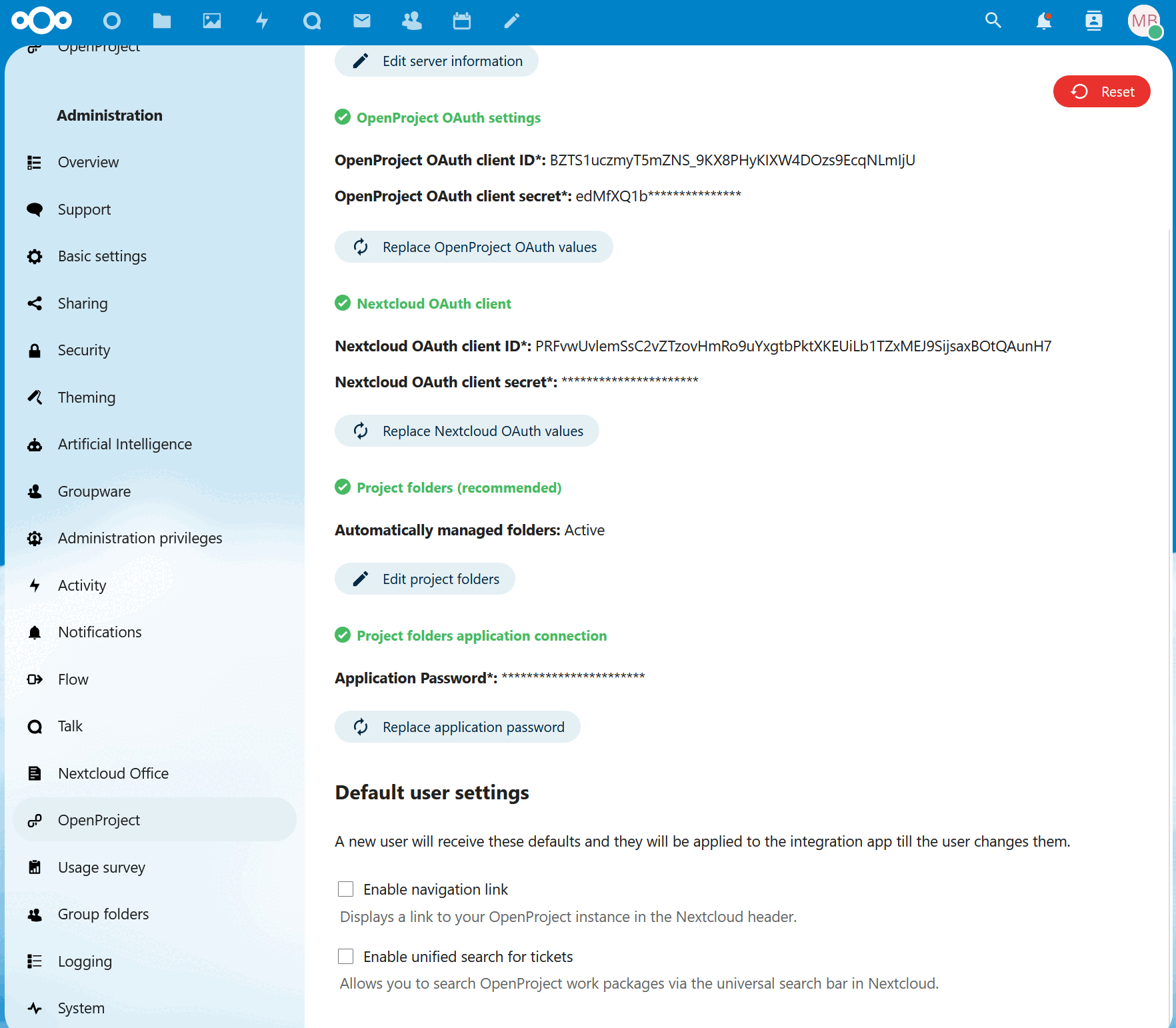 Integration successfully set up on the Nextcloud end, three green checks visible