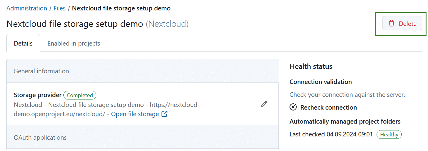 Click on the delete icon next to the file storage in administration settings to delete it from this instance