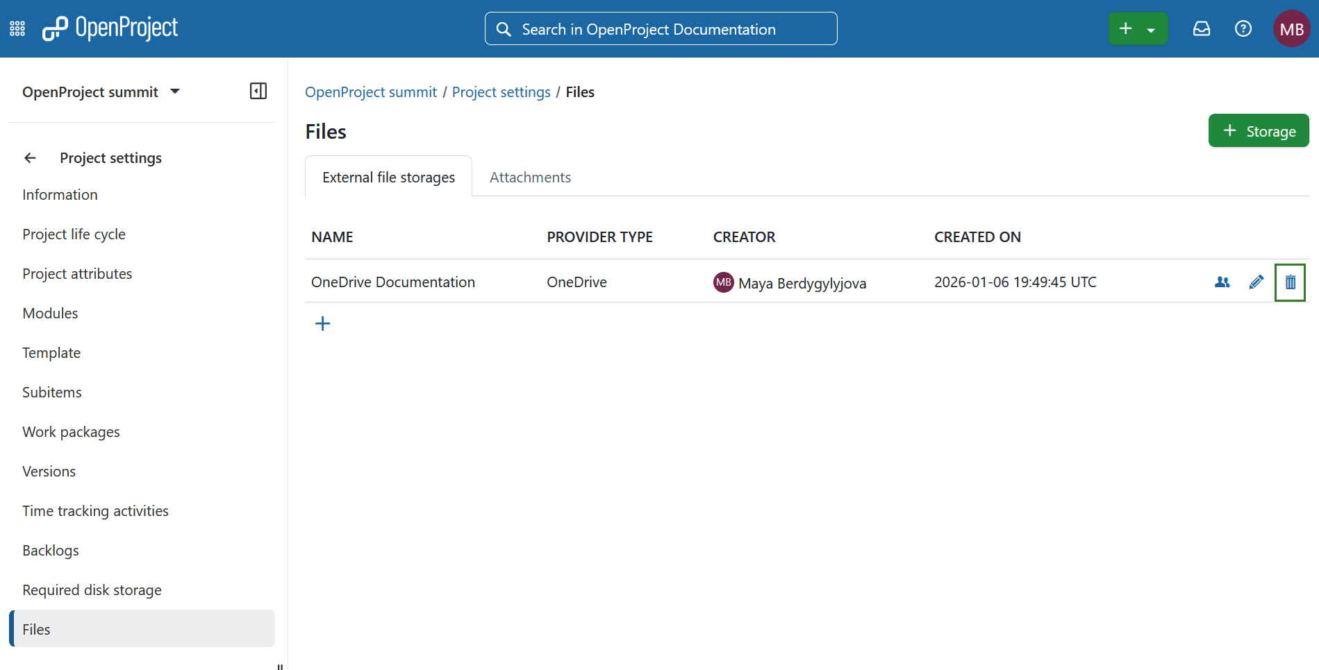 Delete a OneDrive storage from an OpenProject project