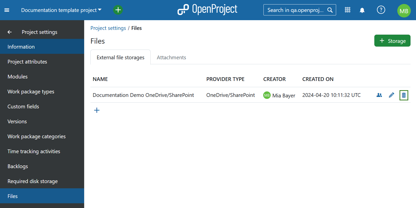 Delete a OneDrive storage from an OpenProject project