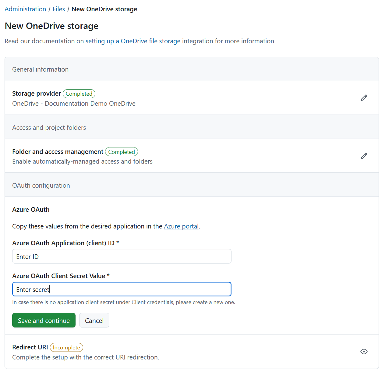 OAuth applications details in OneDrive file storages setup in OpenProject