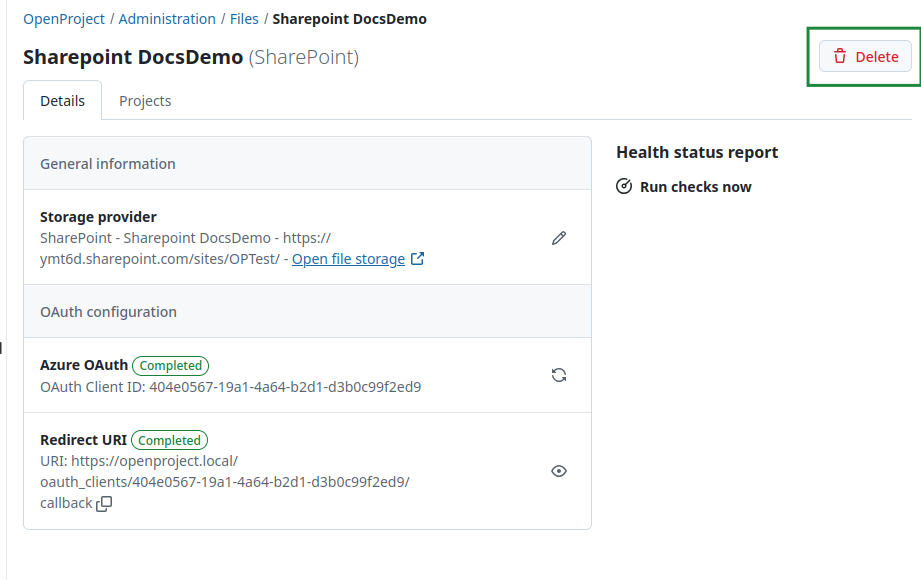 Delete icon for SharePoint integration in OpenProject system settings