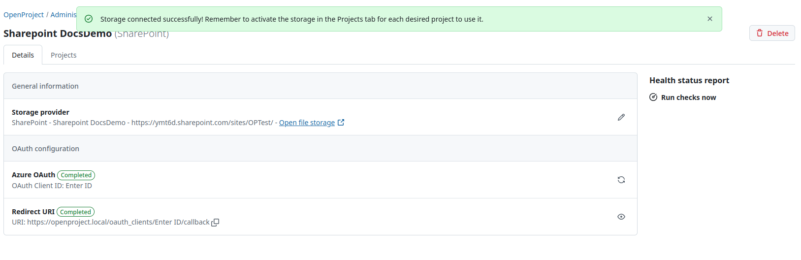 System message on successful SharePoint file storages setup in OpenProject