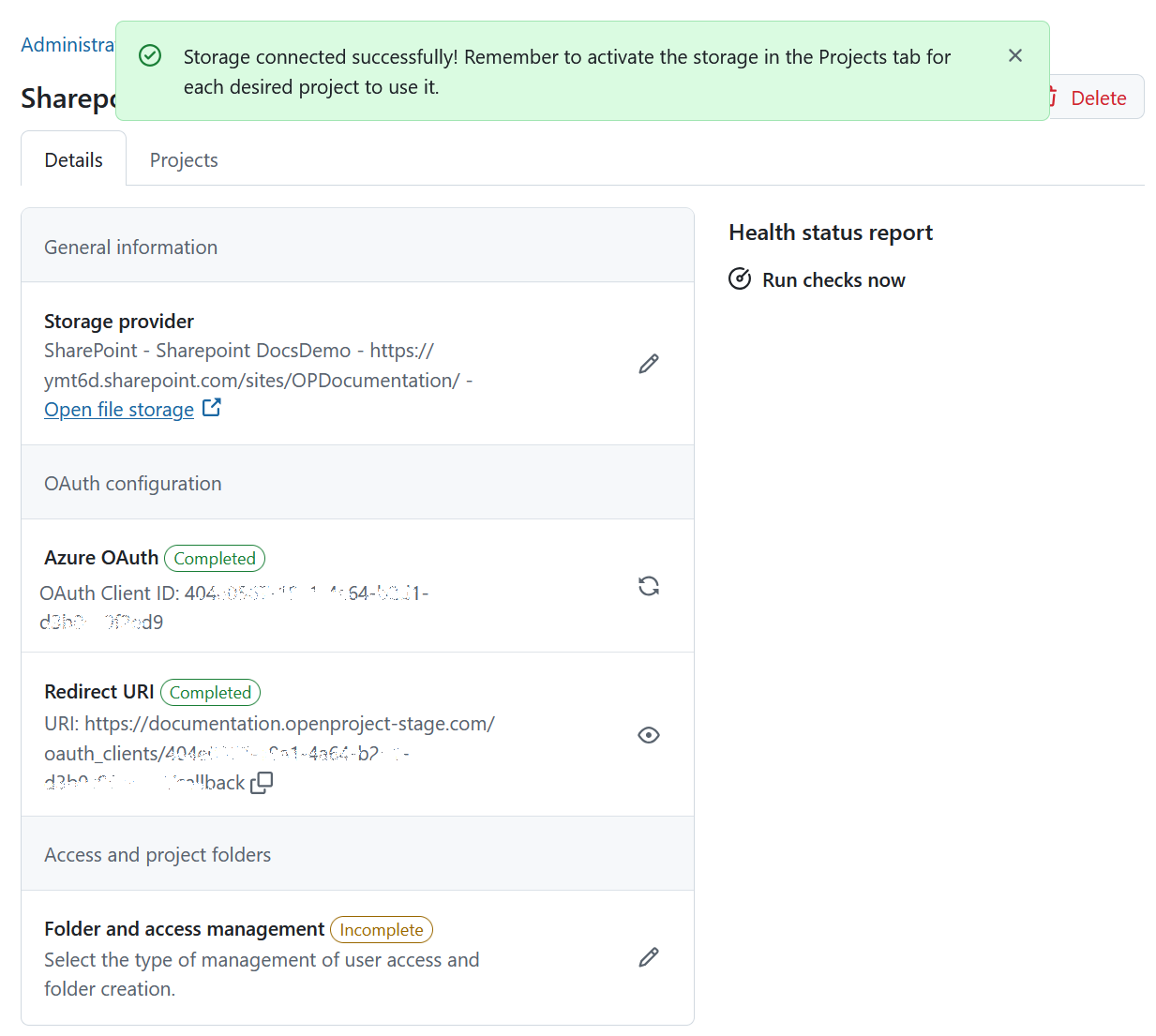 System message on successful SharePoint file storages setup in OpenProject