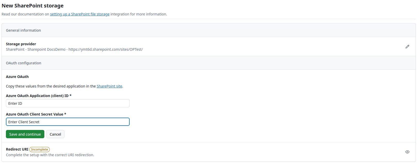 OAuth applications details in SharePoint file storages setup in OpenProject